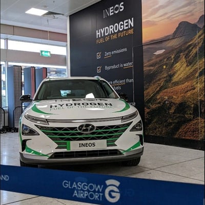 The hydrogen-powered Hyundai Nexo at Glasgow Airport
