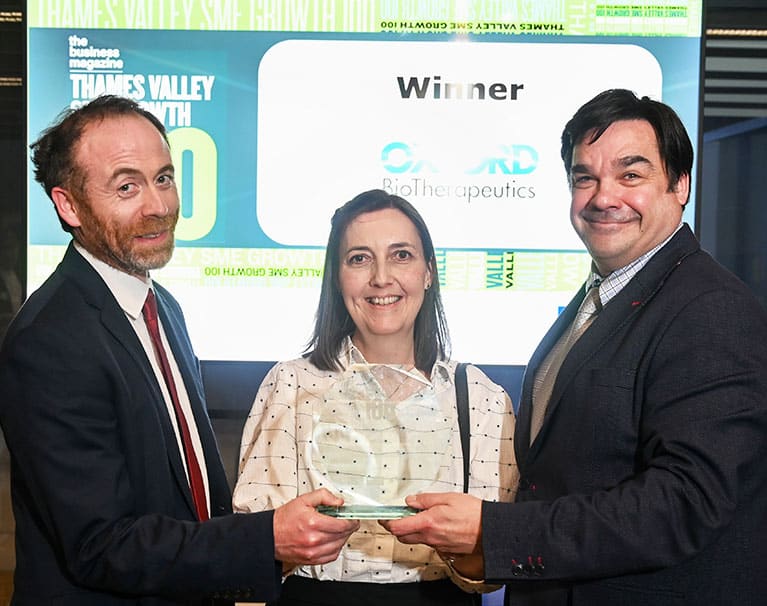 Double winner: Richard Thompson, The Business Magazine, (right) presents Special Recognition Award to Lindsey Hudson and Ben Thomas from Oxford BioTherapeutics