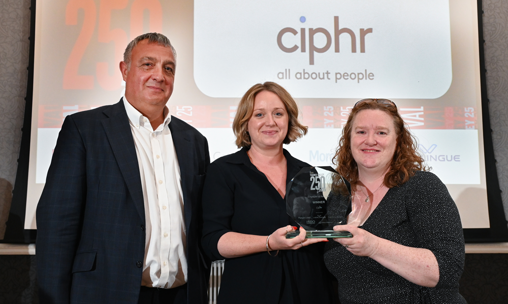L-R: Nigel Wild, Business Development Manager at sponsor Morgan Lovell presents Employer of the Year trophy to Claire WIlliams and Gwenan West from Ciphr