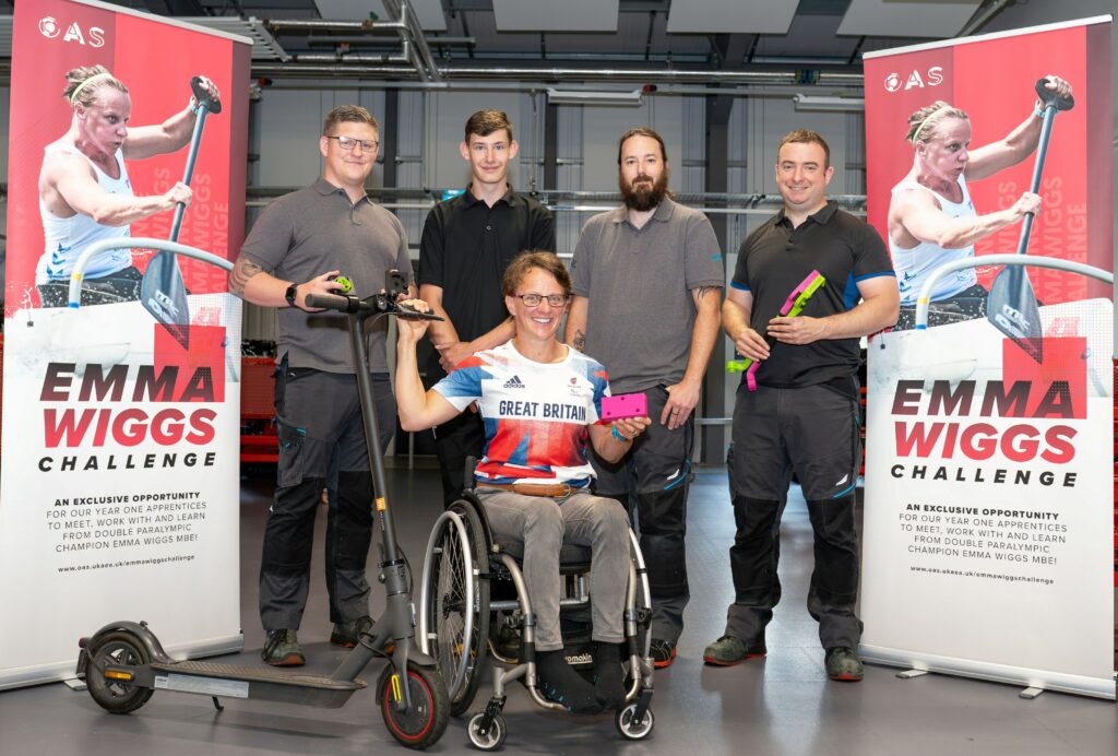 Left to right: Finalists Owen Mayers, Ben Hibberd, Matt Chambers and Ryan Budd are congratulated by paralympic champion Emma Wiggs MBE. Picture contributed