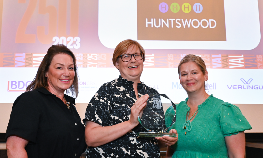 Jane Morris and Sara Robinson from Hunstwood receiving the Climate & Sustainability trophy from Petra O'Shea, Head of Sales at sponsor Morgan Lovell