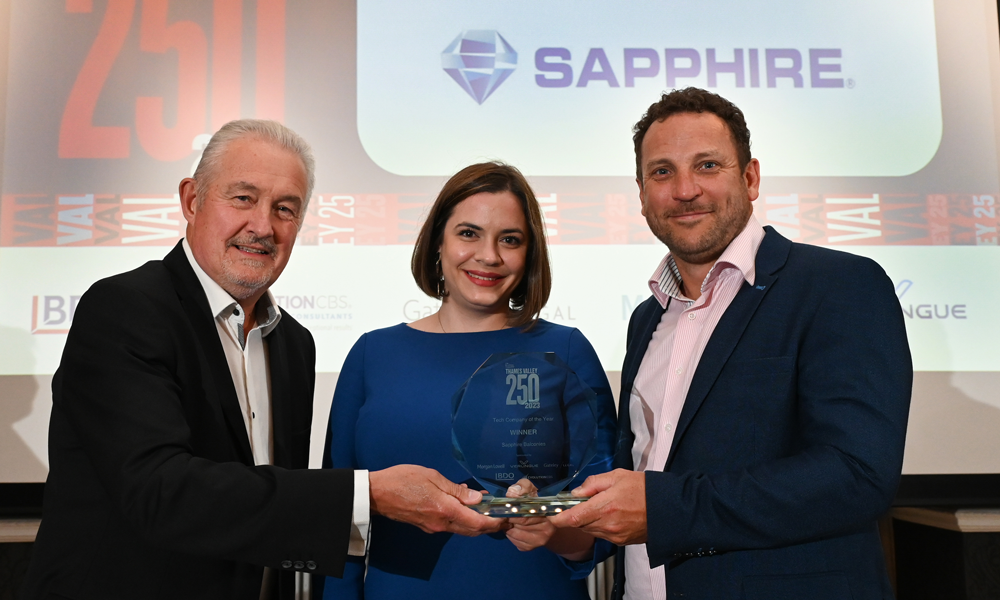L-R: Steve Barry, Sales & Marketing Director at sponsor EvolutionCBS presents Tech Company of the Year trophy to Zdravka Petrova and Kevin Bonner from Sapphire Balconies