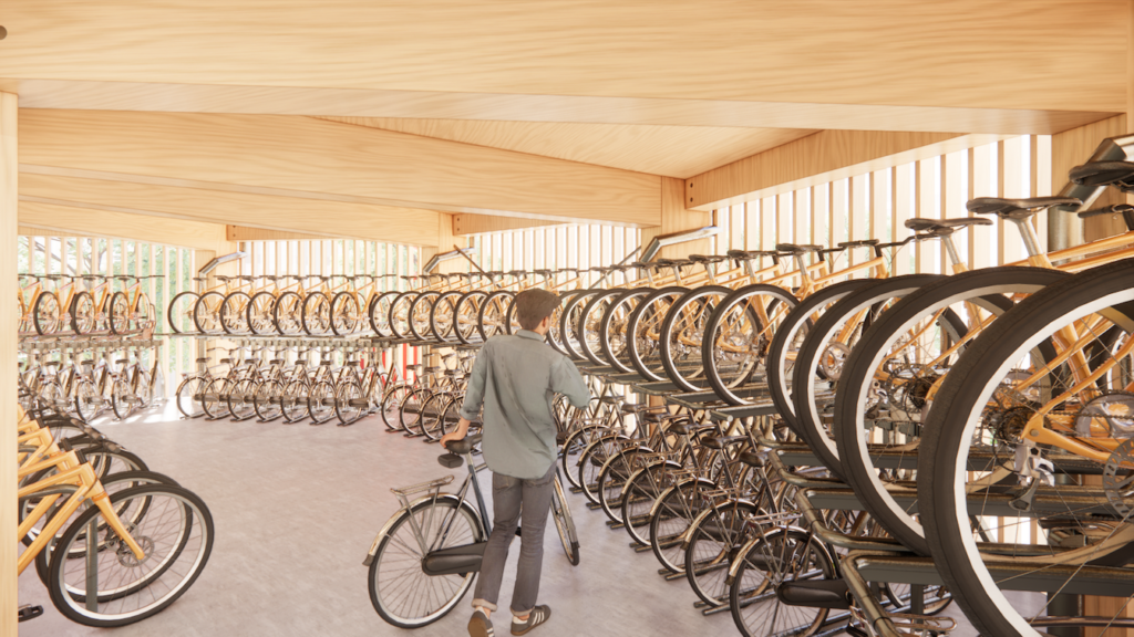 Oxford North’s new landmark timber cycle pavilion - CGI interior first floor bike storage - picture contributed
